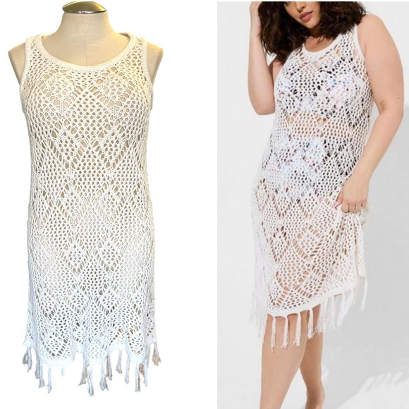 New Torrid Plus Size 2 (2X) Ivory Crochet Fringe Trim Beach‎ Cover Up Tank Dress - Picture 1 of 3